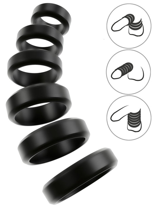 Lot de 6 Cockrings Cock & Ball 26 à 56 mm Noirs