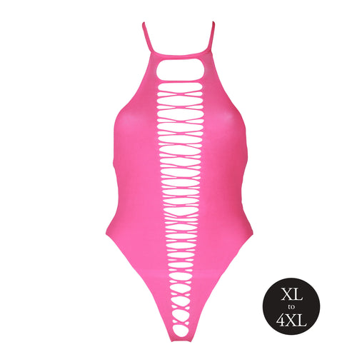 Body échancré ouvert à l'entrejambe avec dos nu Rose Fluo