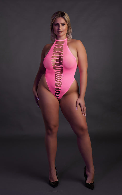 Body échancré ouvert à l'entrejambe avec dos nu Rose Fluo