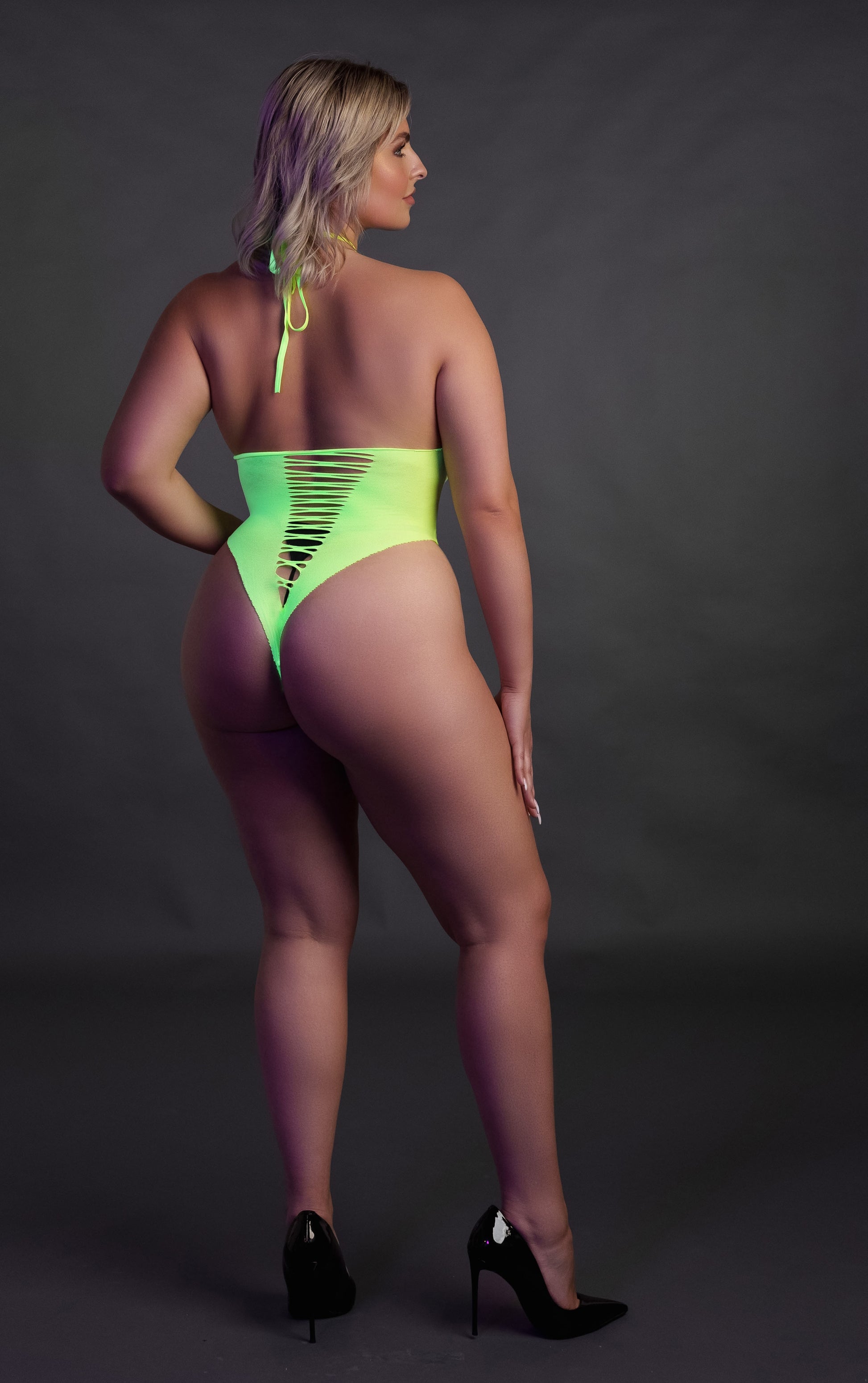 Body échancré ouvert à l'entrejambe avec dos nu Vert Fluo