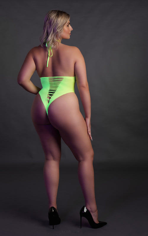 Body échancré ouvert à l'entrejambe avec dos nu Vert Fluo