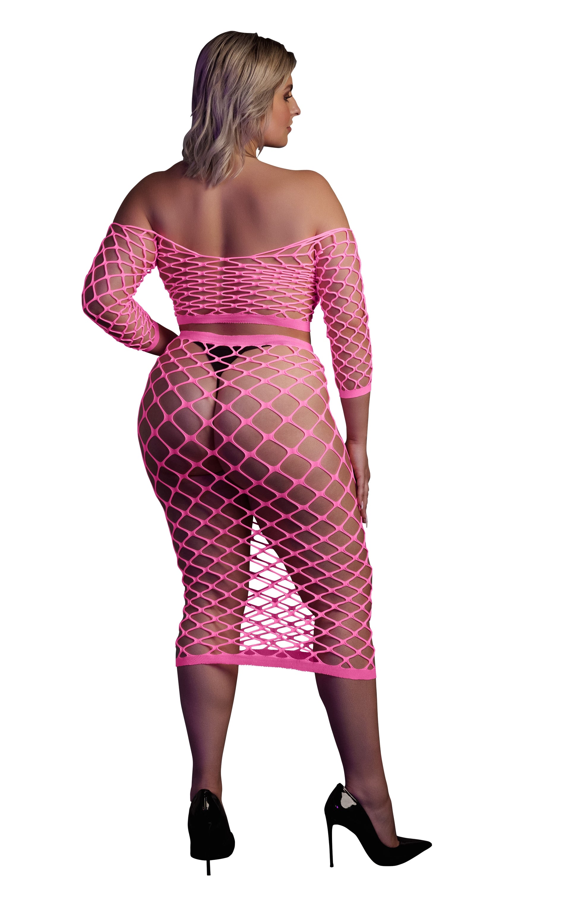 Bustier et Robe Filet Épaules dénudées Rose Fluo