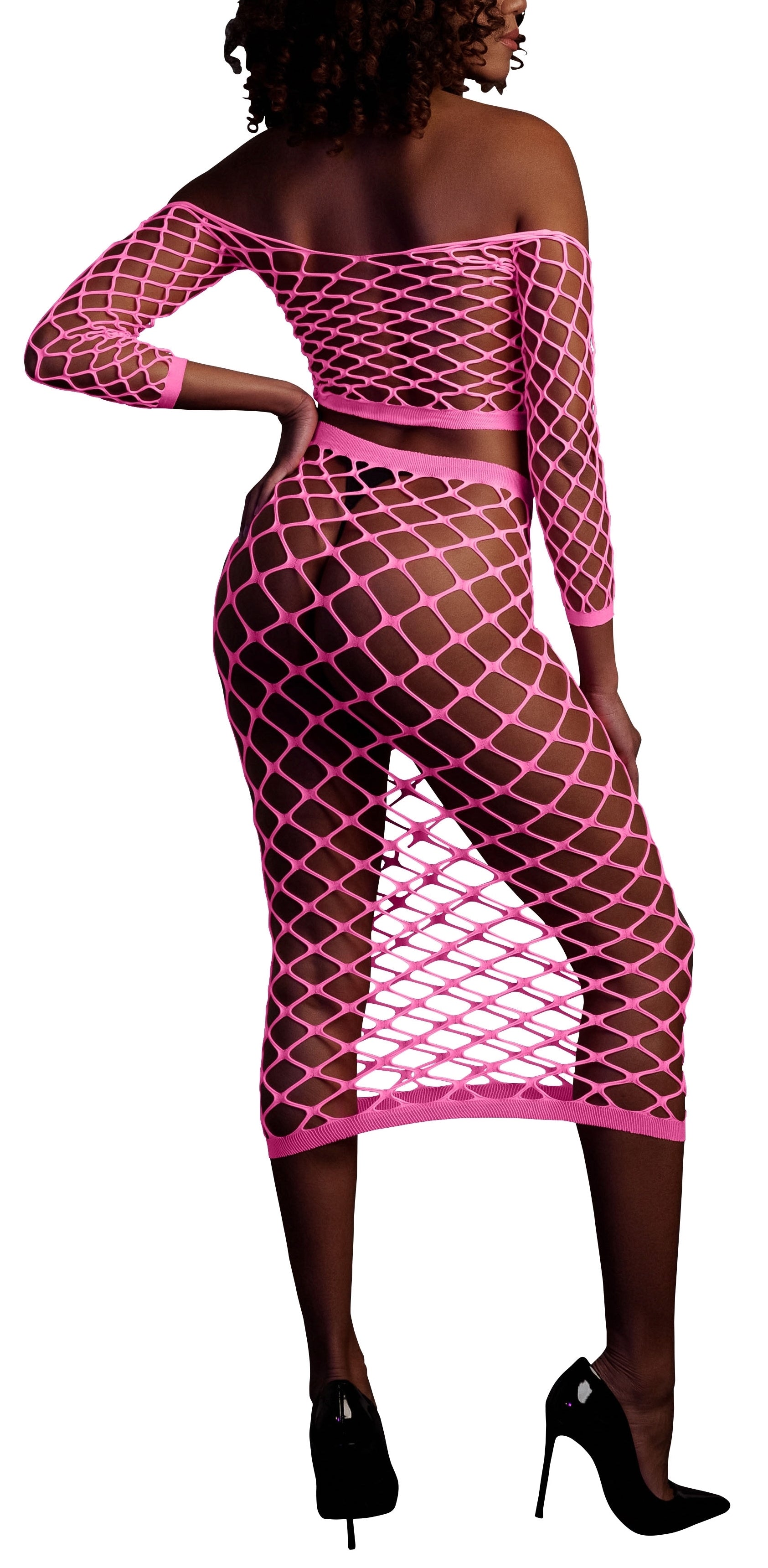 Bustier et Robe Filet Épaules dénudées Rose Fluo