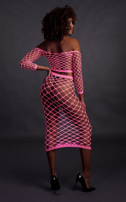 Bustier et Robe Filet Épaules dénudées Rose Fluo