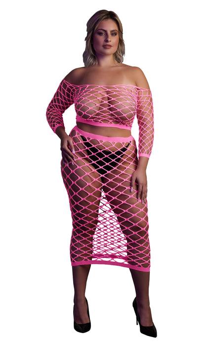 Bustier et Robe Filet Épaules dénudées Rose Fluo