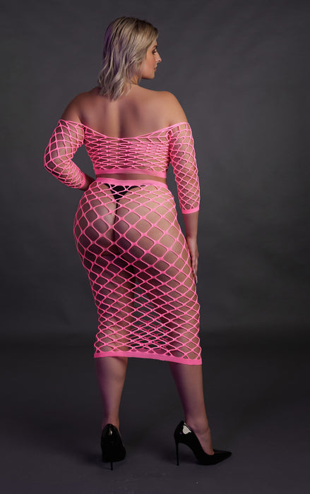Bustier et Robe Filet Épaules dénudées Rose Fluo