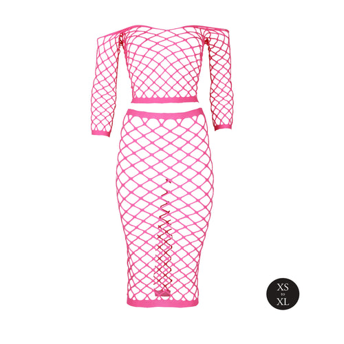 Bustier et Robe Filet Épaules dénudées Rose Fluo
