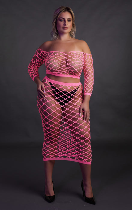 Bustier et Robe Filet Épaules dénudées Rose Fluo