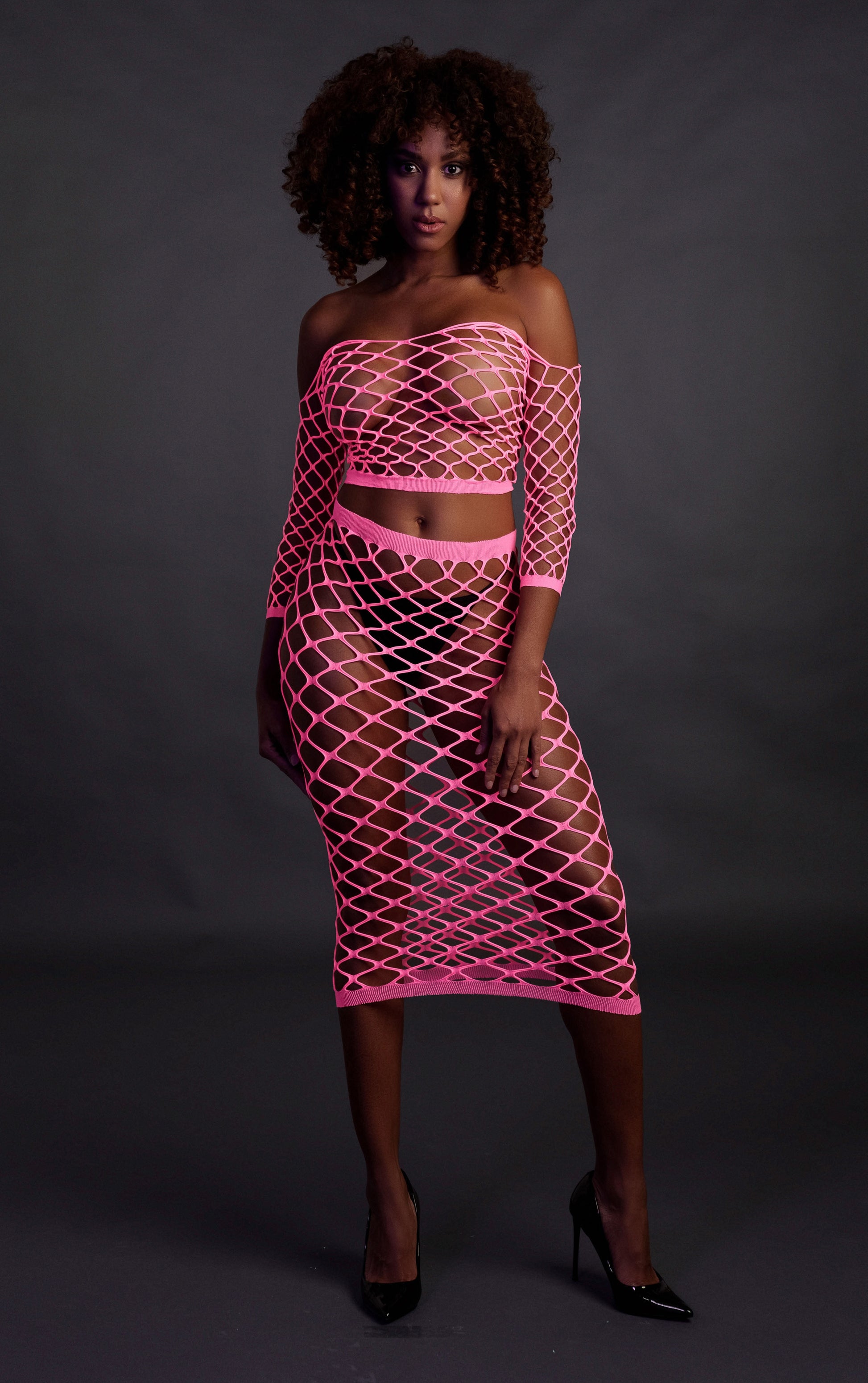 Bustier et Robe Filet Épaules dénudées Rose Fluo
