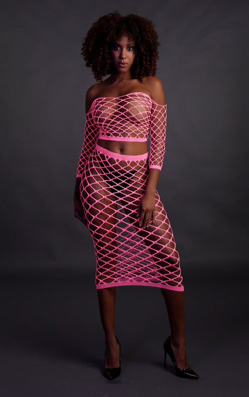 Bustier et Robe Filet Épaules dénudées Rose Fluo
