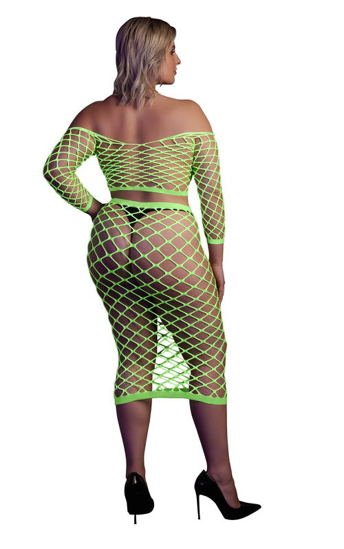 Bustier et Robe Filet Épaules dénudées Vert Fluo