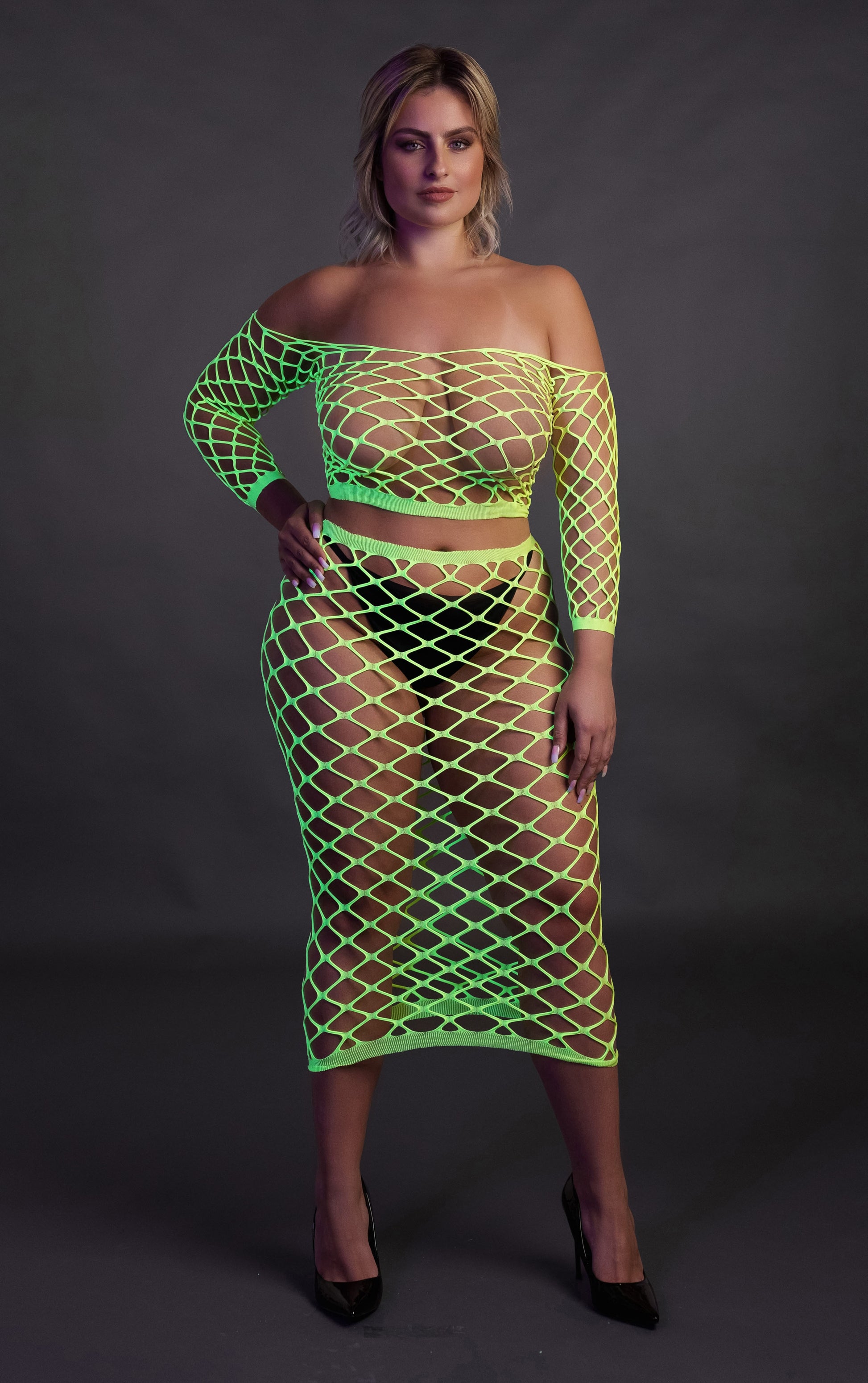 Bustier et Robe Filet Épaules dénudées Vert Fluo