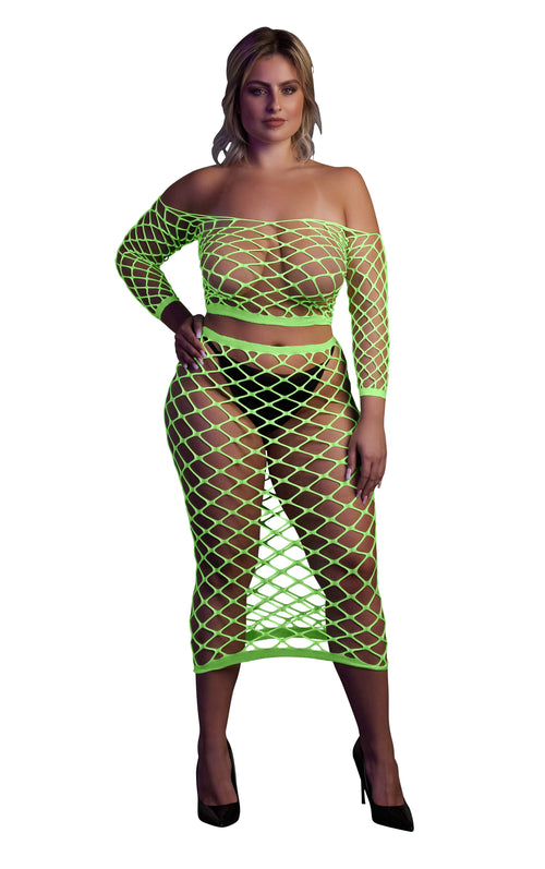 Bustier et Robe Filet Épaules dénudées Vert Fluo