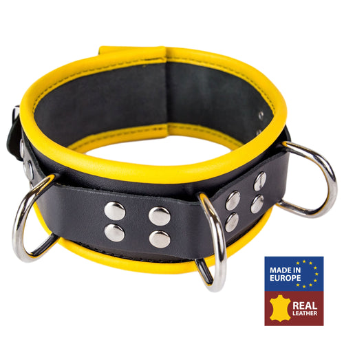 Collier en cuir - 3 anneaux D - Noir/ Jaune