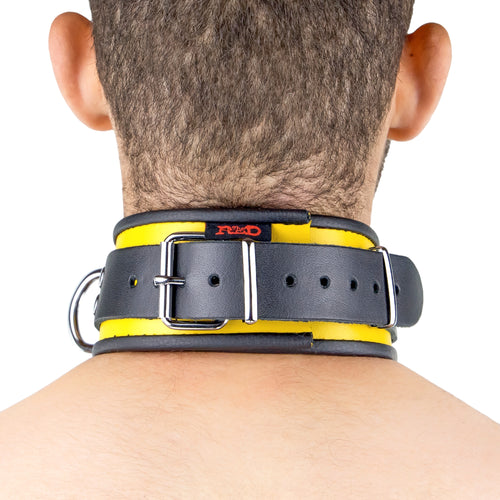 Collier en cuir - 3 anneaux D - Noir/ Jaune