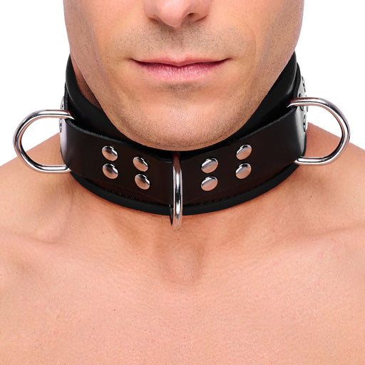 Collier en cuir 3 anneaux D Noir