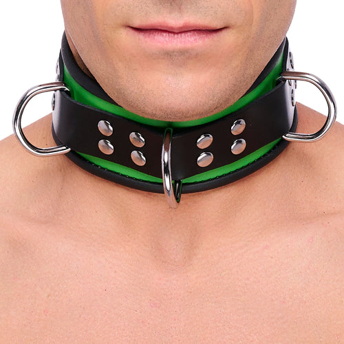 Collier en cuir 3 Anneaux D Vert-Noir