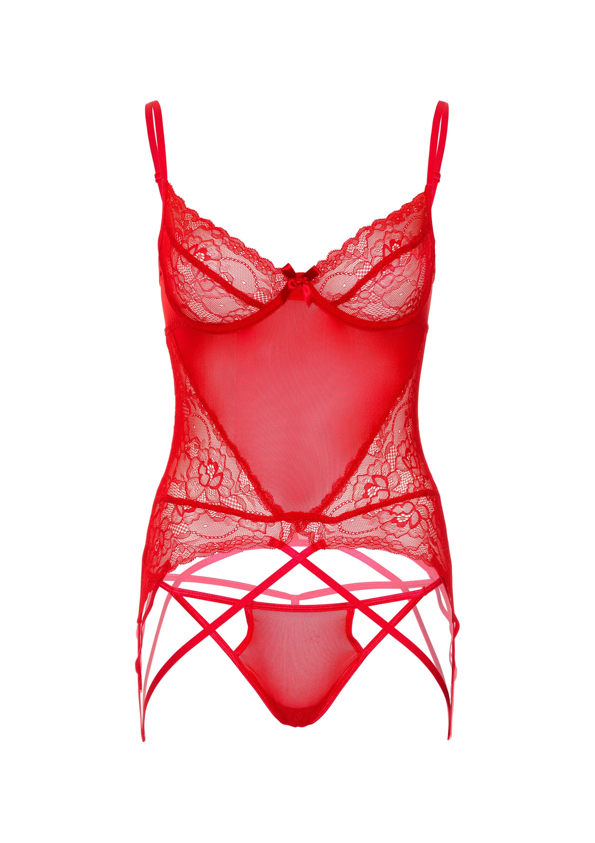 Ensemble avec porte-jarretelles Lace and Mesh Rouge