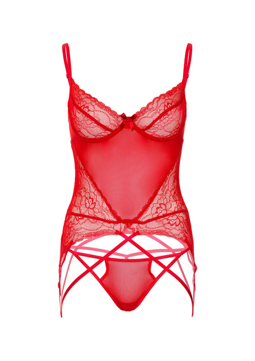 Ensemble avec porte-jarretelles Lace and Mesh Rouge
