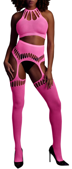Ensemble Bustier Dos nu et Porte-Jarretelles 2 Pièces Rose Fluo