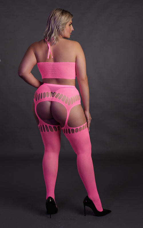 Ensemble Bustier Dos nu et Porte-Jarretelles 2 Pièces Rose Fluo