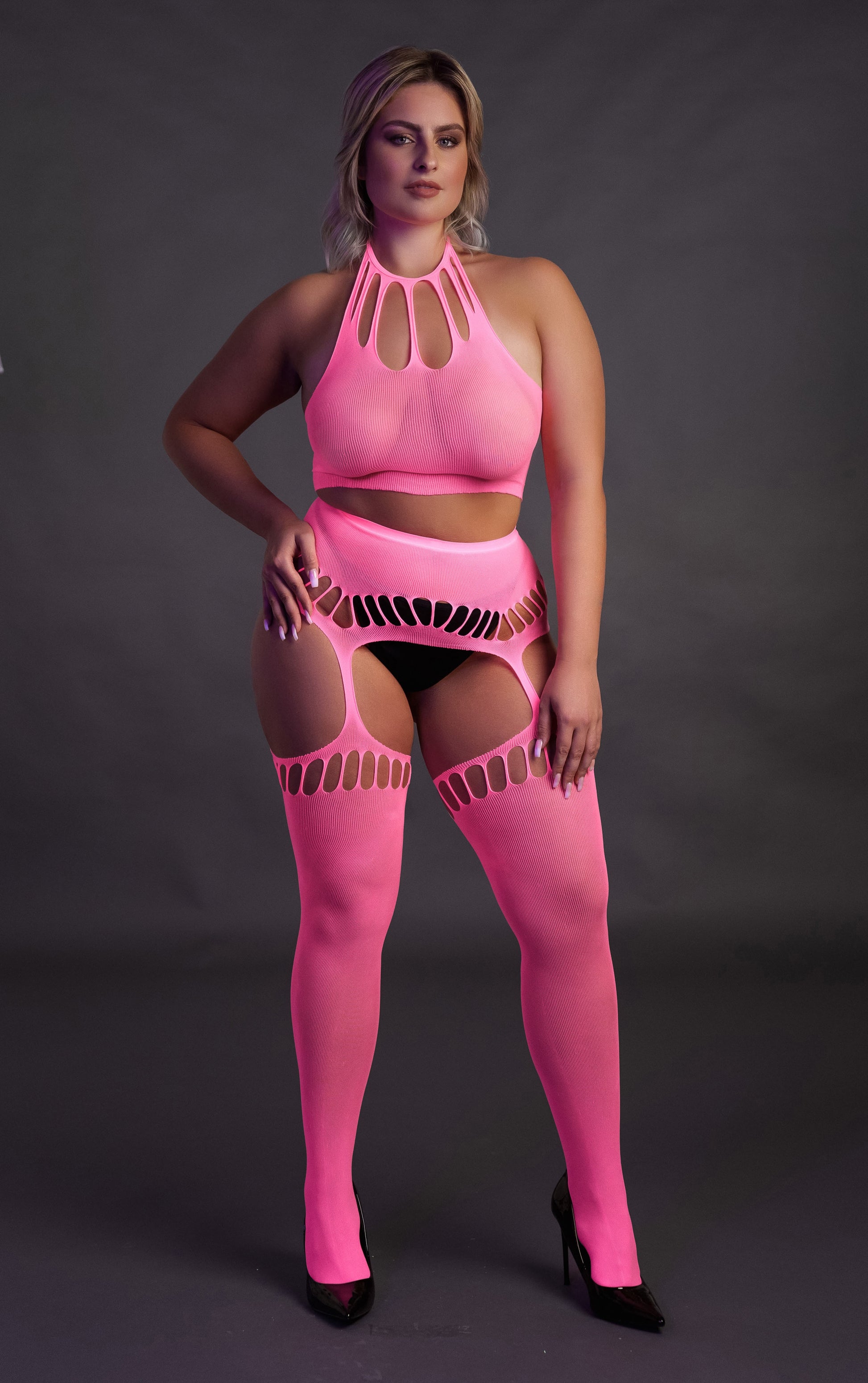 Ensemble Bustier Dos nu et Porte-Jarretelles 2 Pièces Rose Fluo