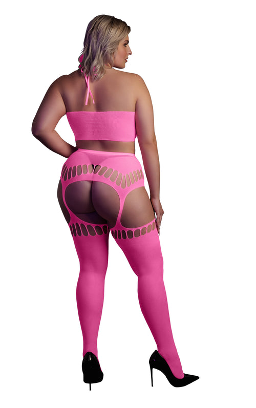 Ensemble Bustier Dos nu et Porte-Jarretelles 2 Pièces Rose Fluo