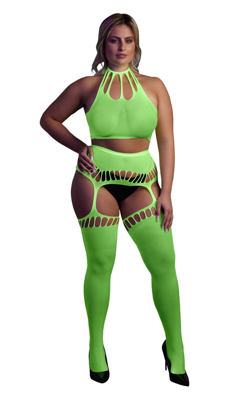 Ensemble Bustier Dos nu et Porte-Jarretelles 2 Pièces Vert Fluo