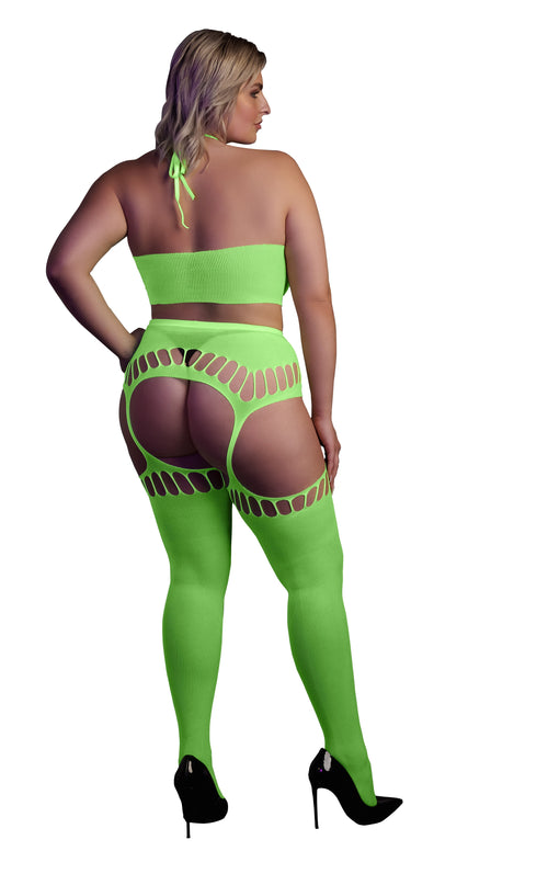 Ensemble Bustier Dos nu et Porte-Jarretelles 2 Pièces Vert Fluo