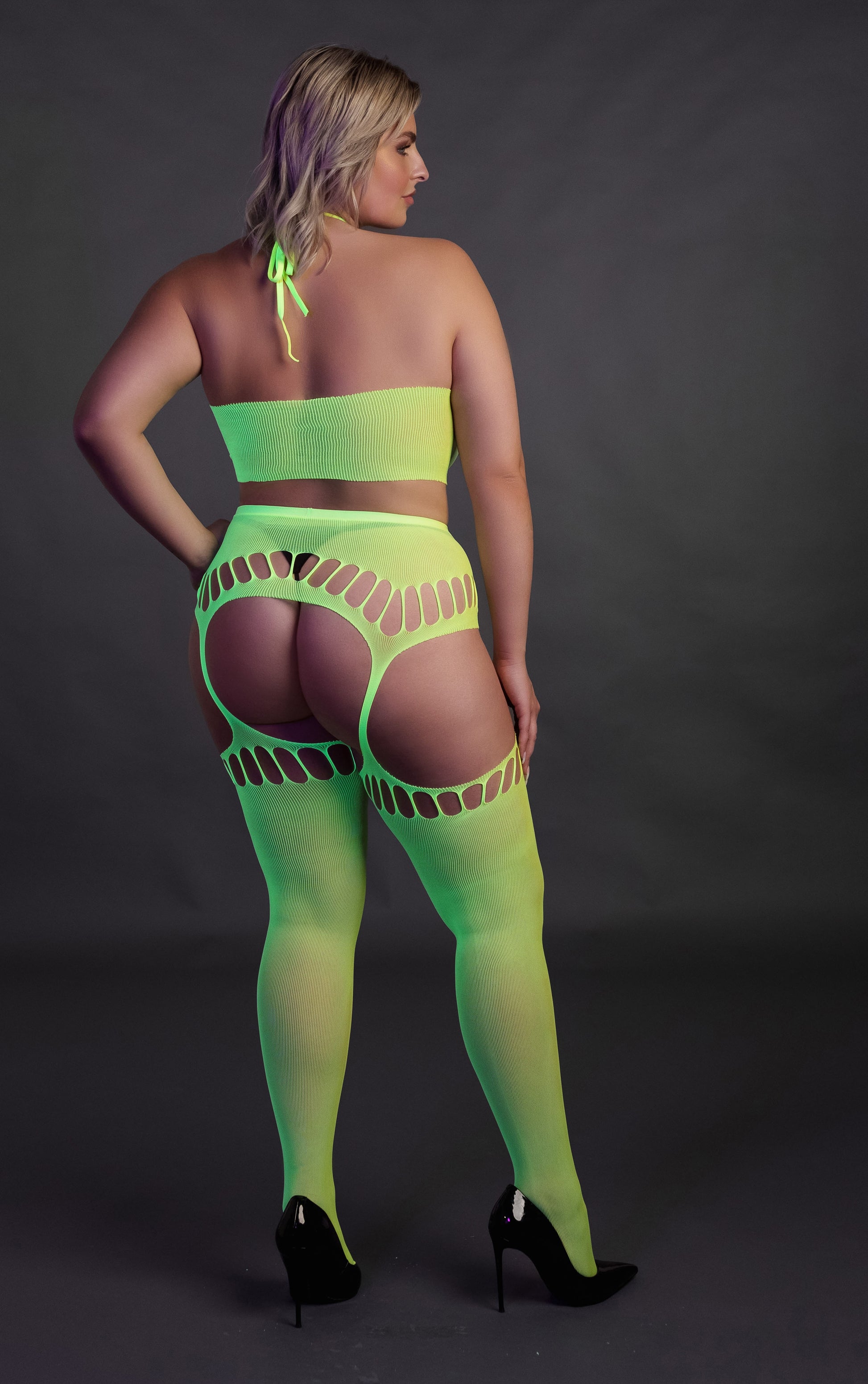 Ensemble Bustier Dos nu et Porte-Jarretelles 2 Pièces Vert Fluo