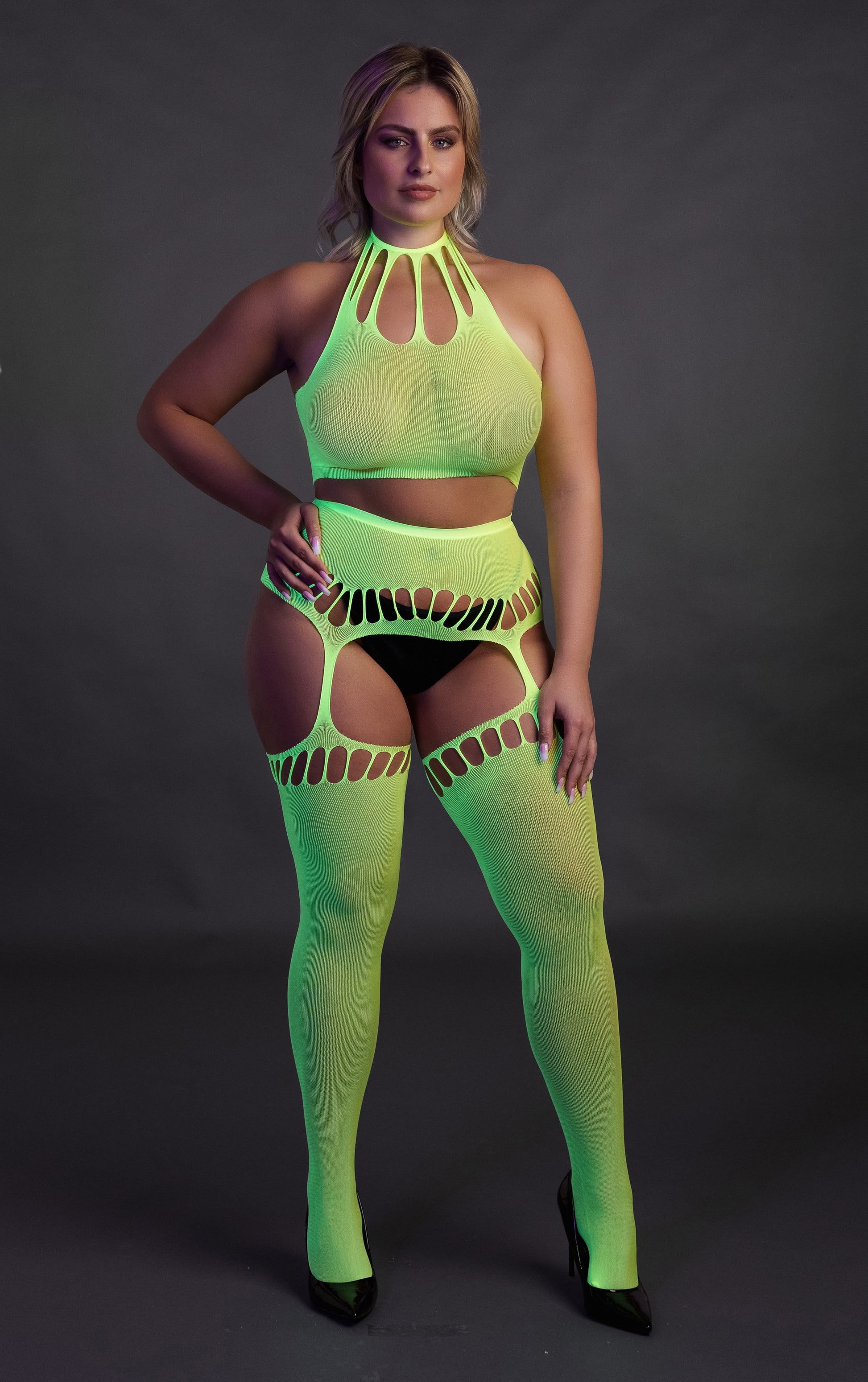 Ensemble Bustier Dos nu et Porte-Jarretelles 2 Pièces Vert Fluo