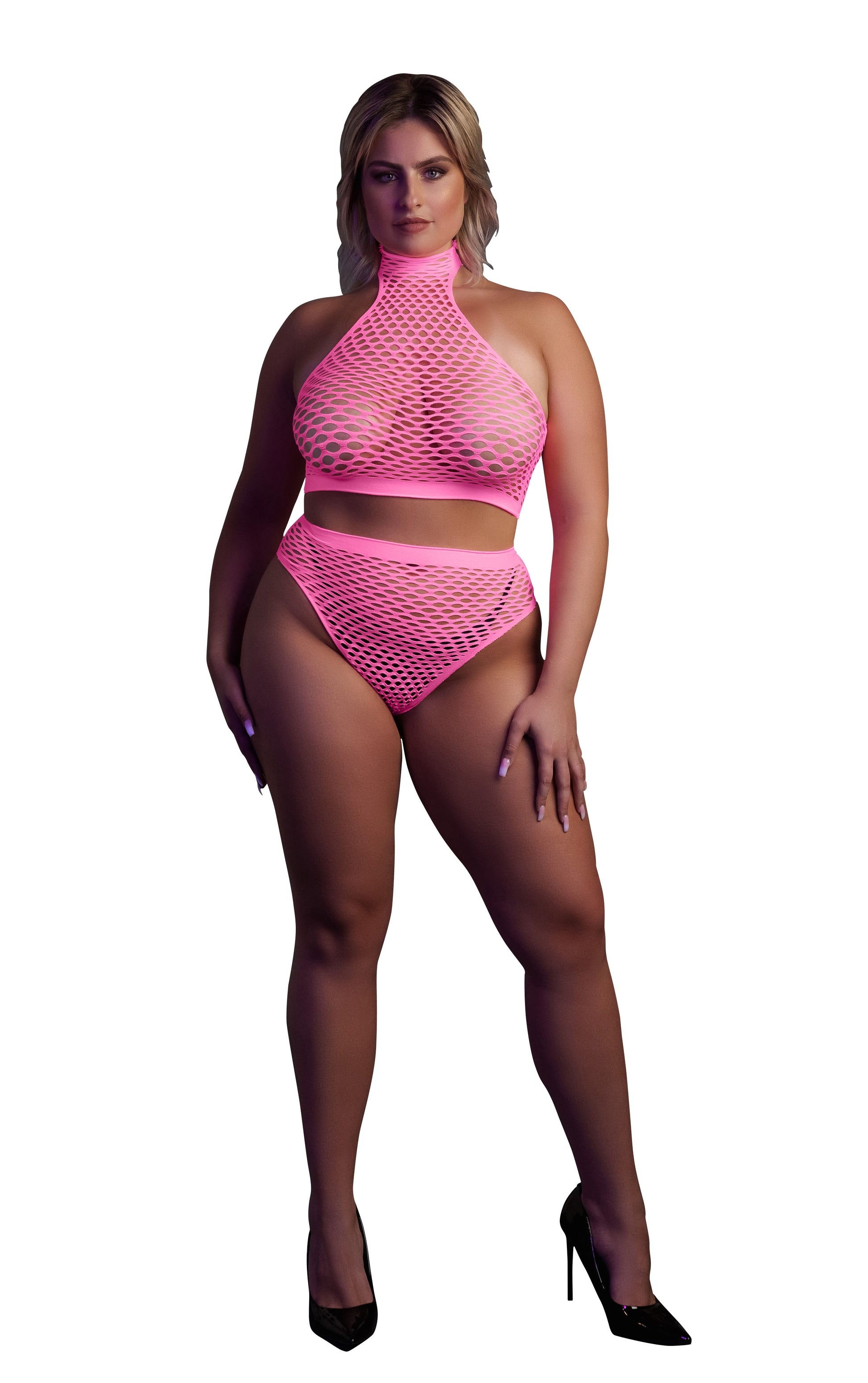 Ensemble Bustier et Culotte Filet Rose Fluo