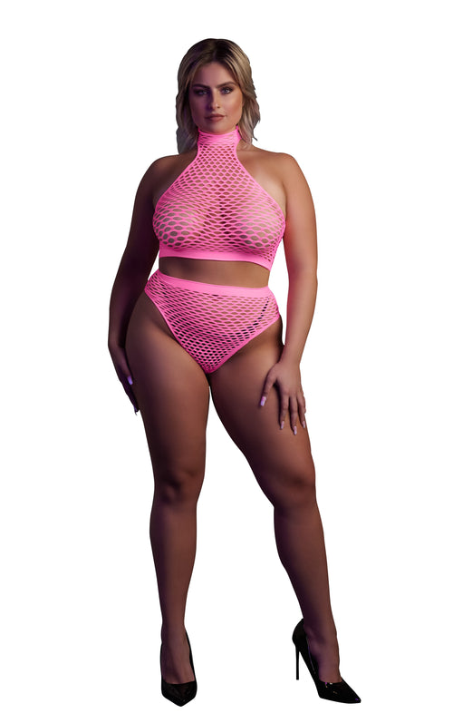 Ensemble Bustier et Culotte Filet Rose Fluo
