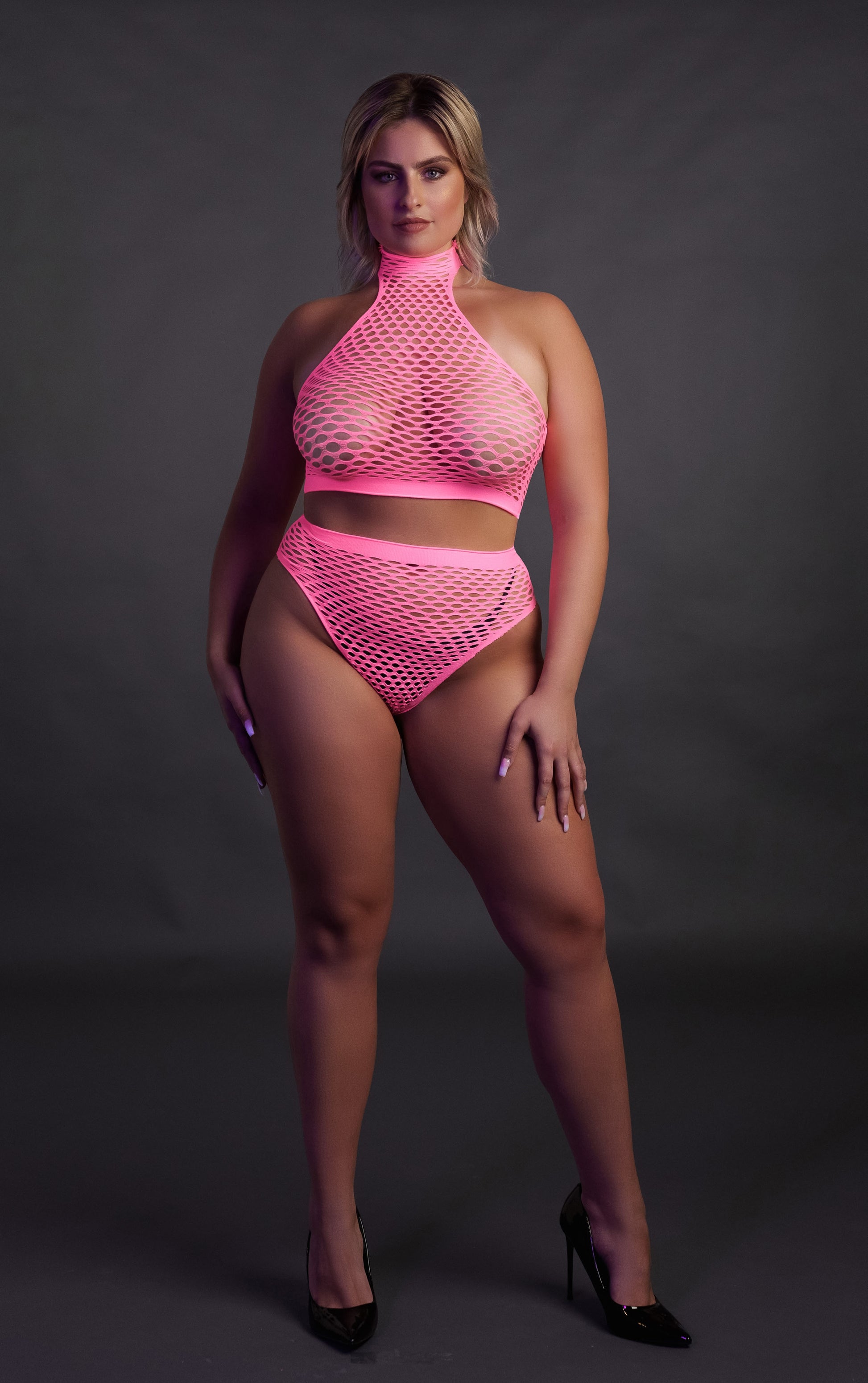 Ensemble Bustier et Culotte Filet Rose Fluo