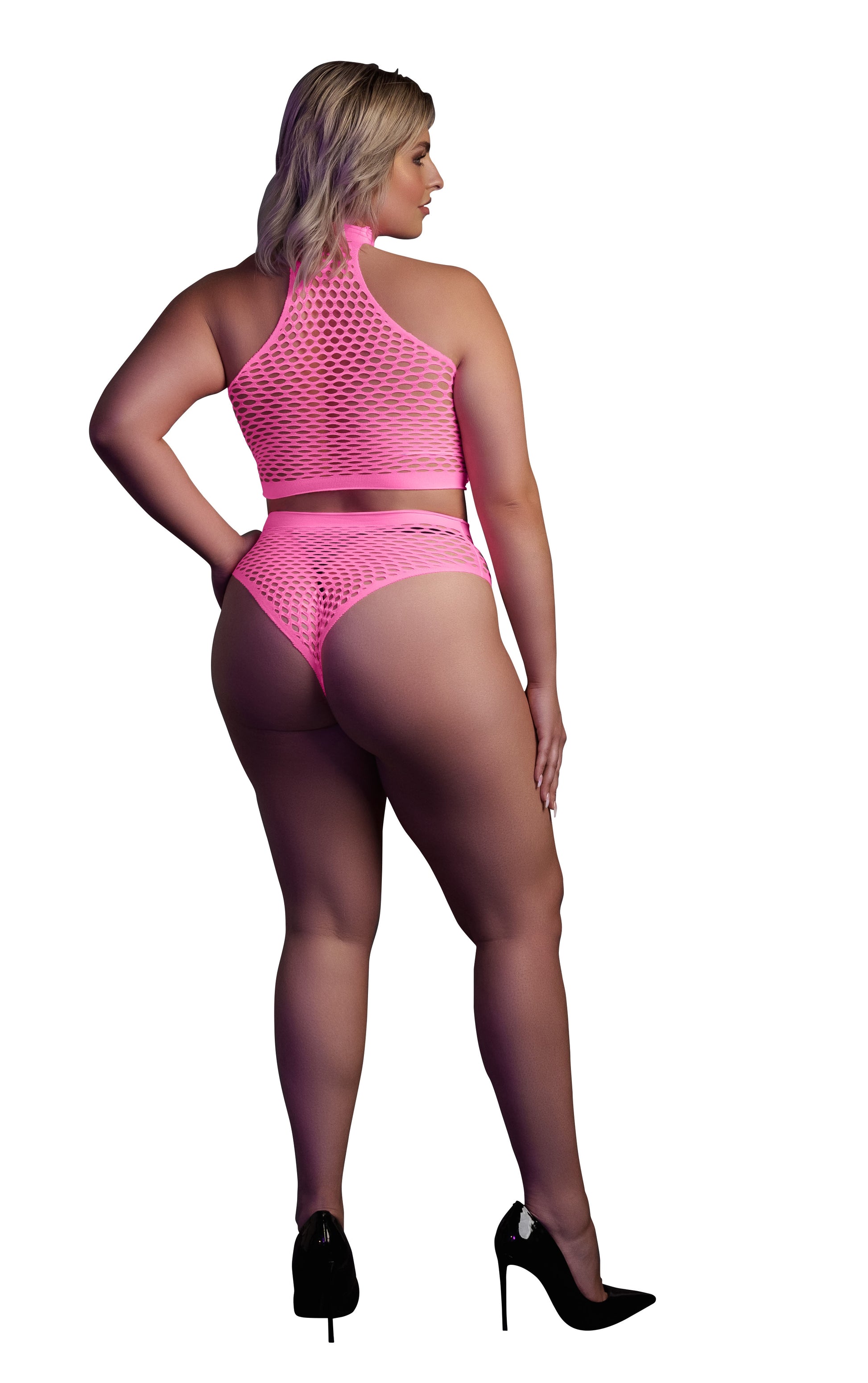 Ensemble Bustier et Culotte Filet Rose Fluo