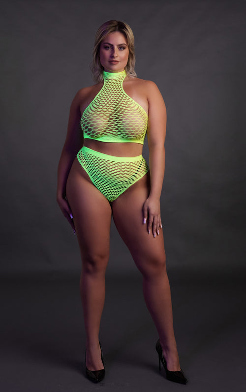 Ensemble Bustier et Culotte Filet Vert Fluo
