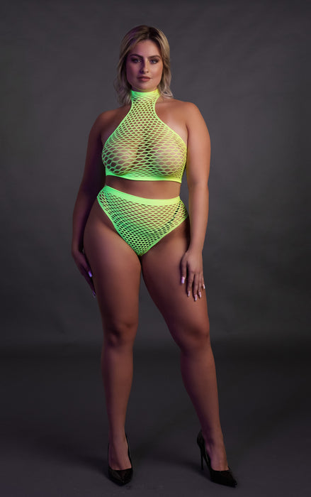 Ensemble Bustier et Culotte Filet Vert Fluo