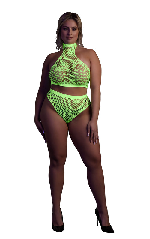 Ensemble Bustier et Culotte Filet Vert Fluo