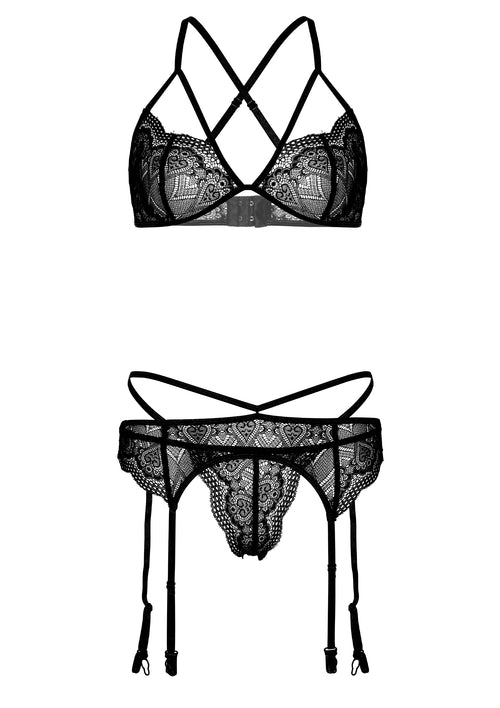 Ensemble Heart lace Garter 4 Pièces Noir