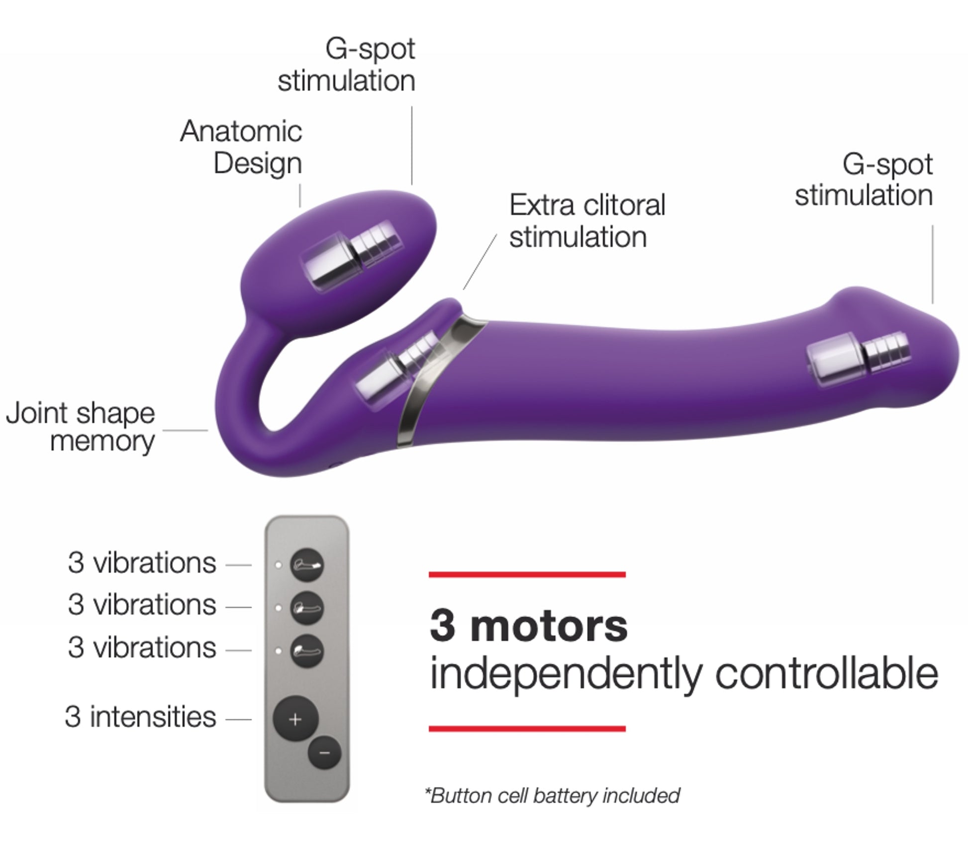 Gode vibrant STRAP-ON 3 Moteurs M 16 x 3.5 cm Violet