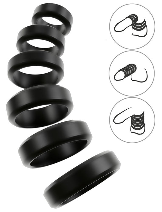 Lot de 6 Cockrings Cock & Ball 26 à 56 mm Noirs