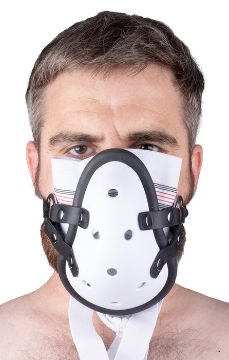 Masque avec Lanières en Cuir « Sniff my .... » Blanc