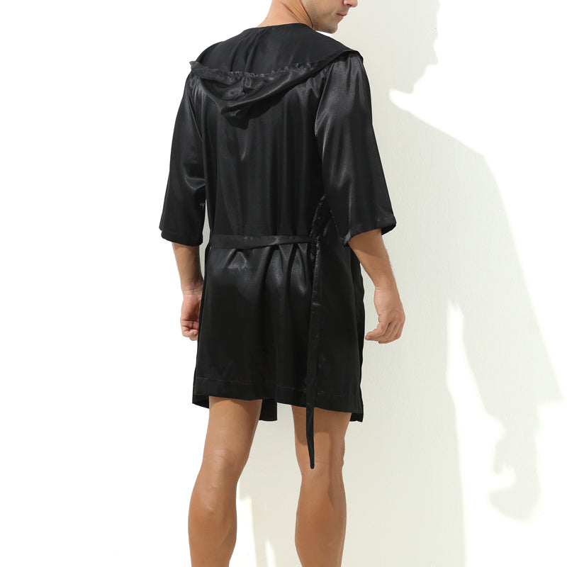 Peignoir effet satiné Long Slit Noir