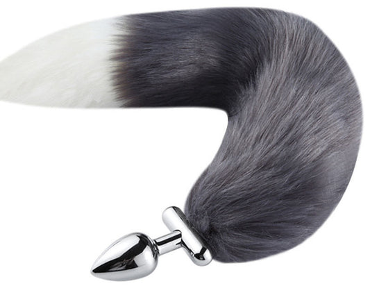 Plug queue de renard convertible bijou Foxy roxy 5.5 x 2.7cm queue 39cm gris blanc