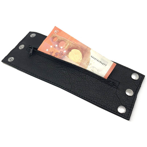 Poignet bracelet de force en cuir - Noir/Noir- avec zip