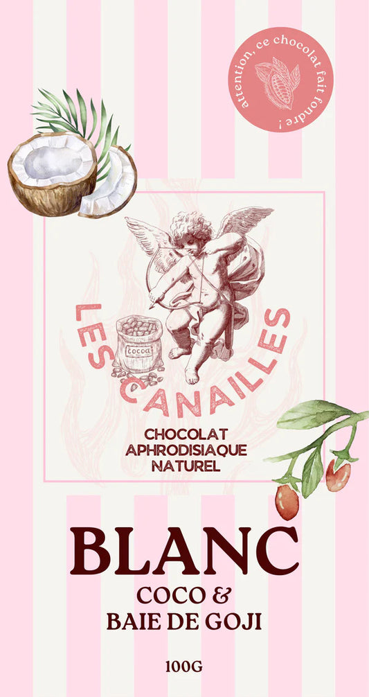 Tablette de Chocolat Aphrodisiaque Blanc Coco & Baie de Giji 100g